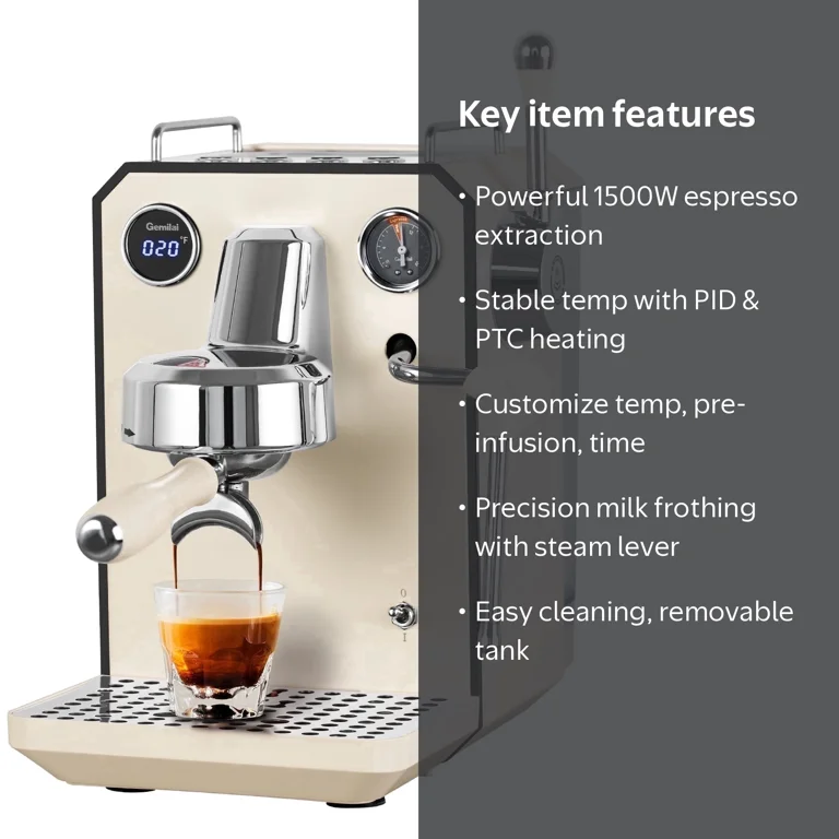 Gemilai, Espresso Machine, 15-Bar Semi-Auto, Milk Frother, 57oz