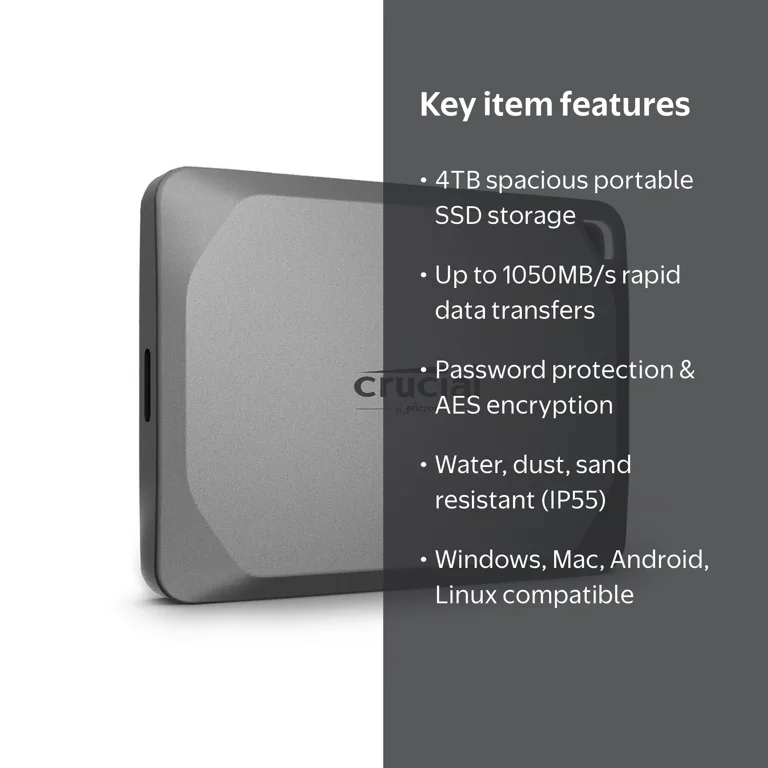 Crucial X9 Pro 4TB Portable SSD - 1050MB/s Speed, Water/Dust
