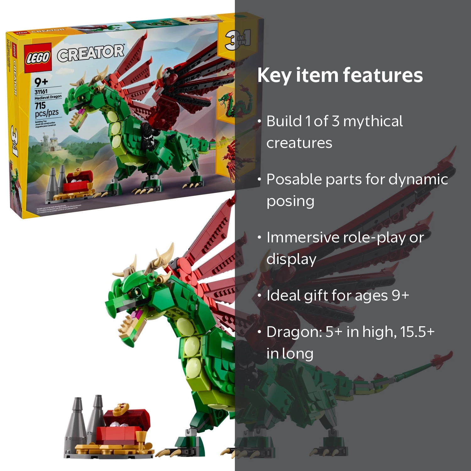 LEGO, Creator 3 in 1 Medieval Dragon Toy, 31161, Building Set