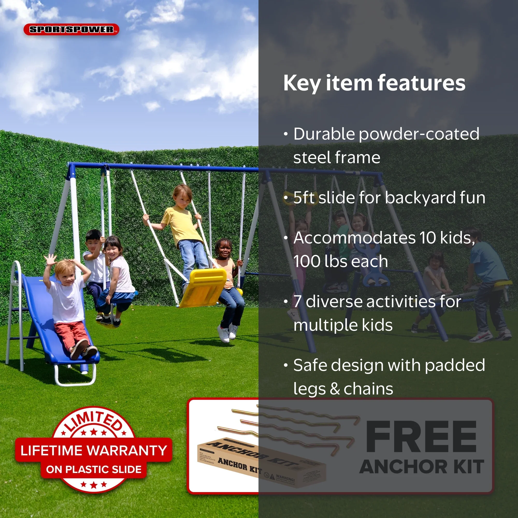 Sportspower Super 9 Metal Swing Set with 5' Slide with Lifetime