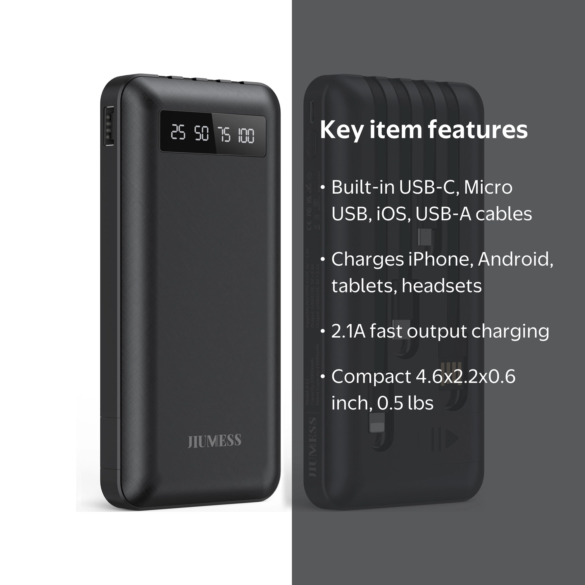 JIUMESS Power Bank 20000mAh Portable Charger with Built-in Cables