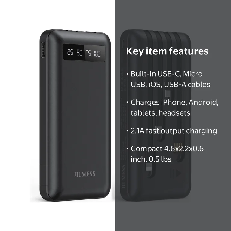 JIUMESS Power Bank 20000mAh Portable Charger with Built-in Cables