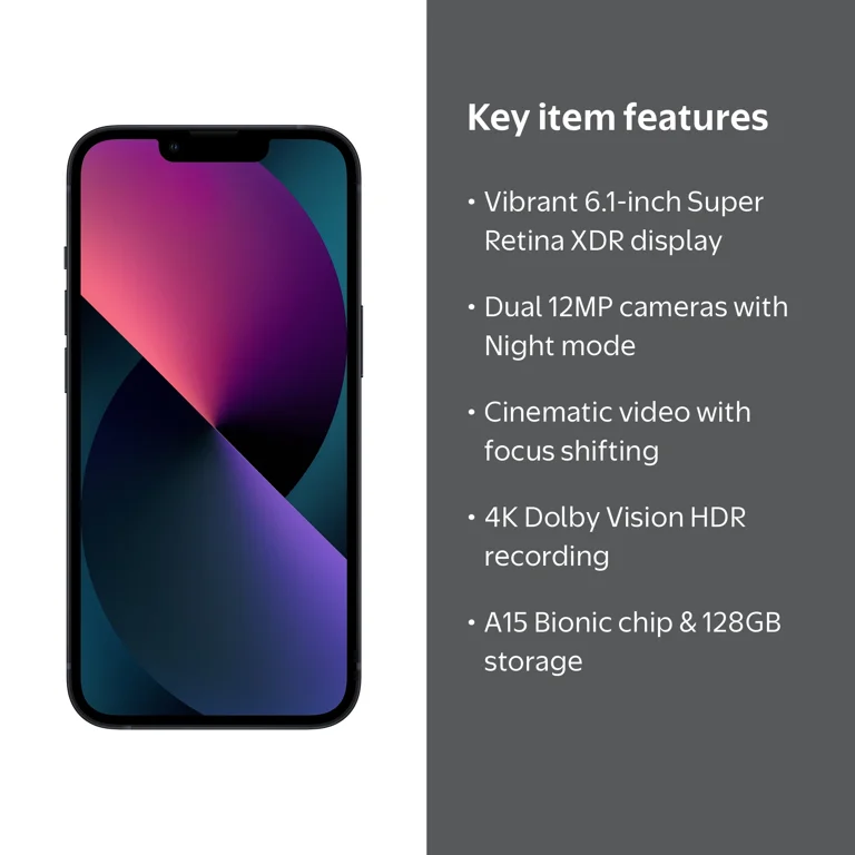 Open Box) Apple iPhone 13, 128GB, 8GB RAM, 16MP FF Camera