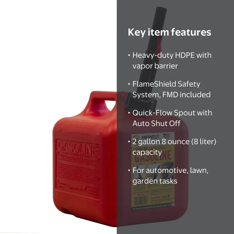 Midwest Can, Auto Shut off Gasoline Can, 2310-4, 2 Gallon, Red