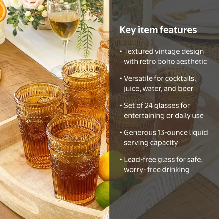Kate Aspen Vintage Textured Amber Striped Drinking Glasses Set of 24, (13 oz) Ribbed Glassware with Flower Design