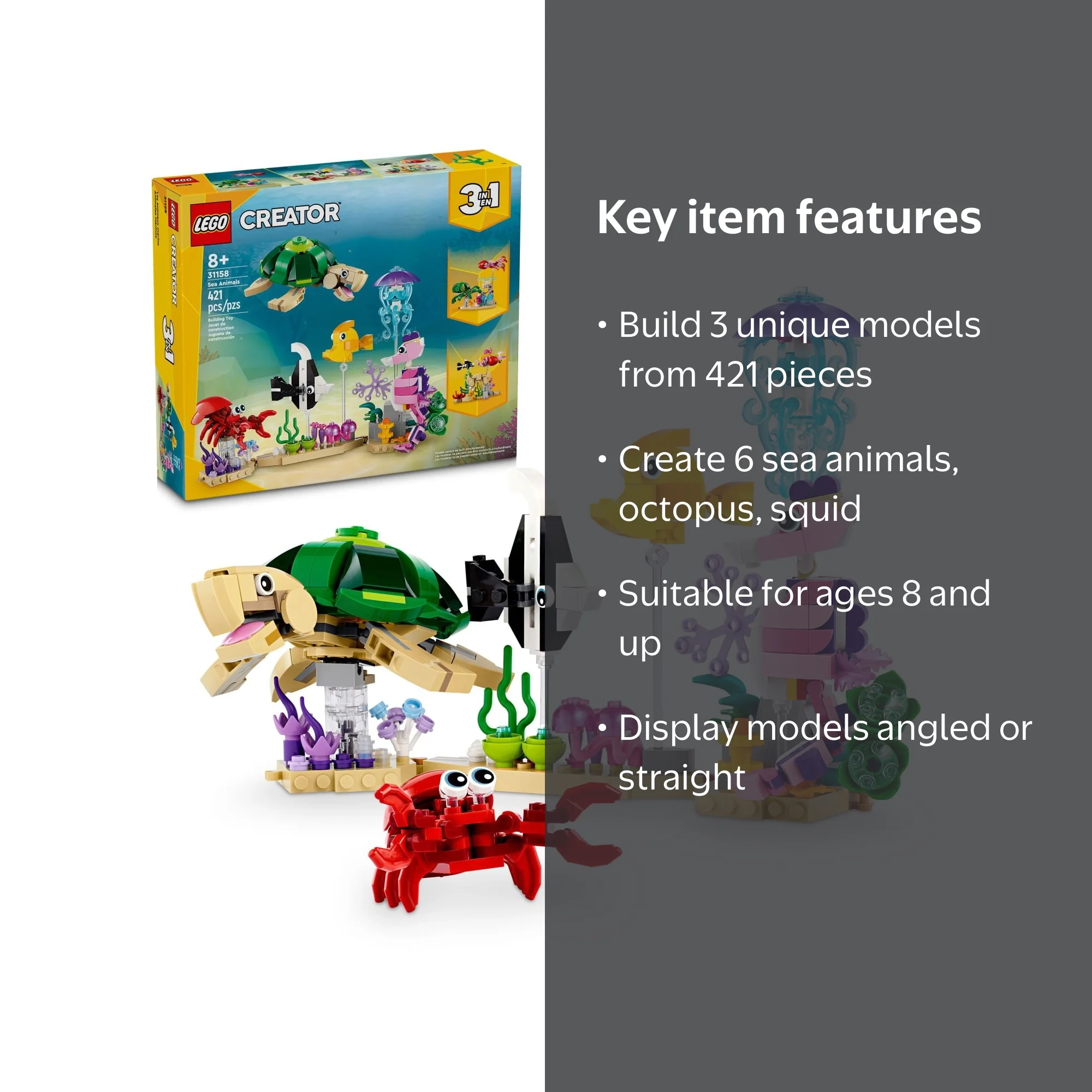 LEGO, Creator 3 in 1 Sea Animals Toy Building Set, Turtle, Fish