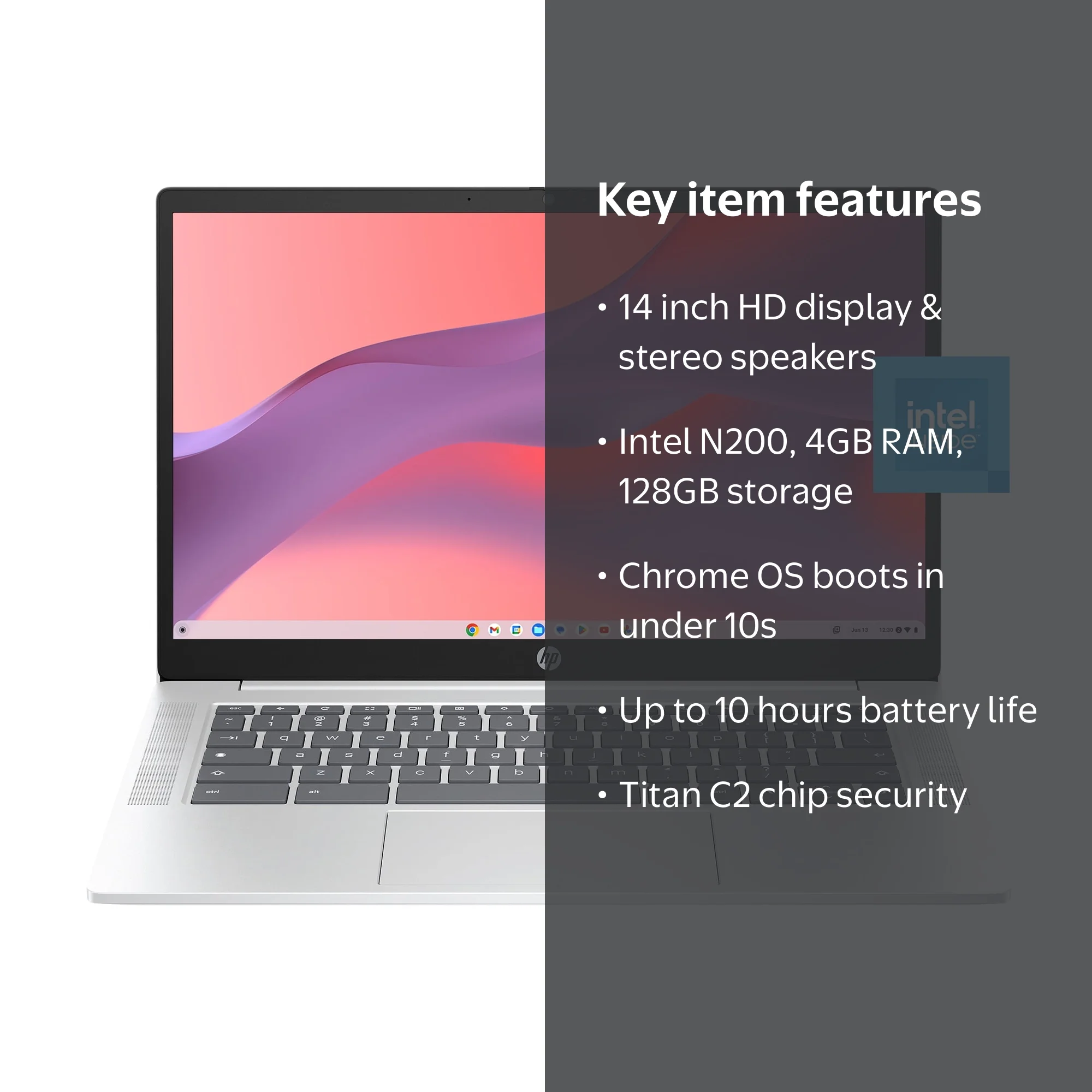 HP, 14 inch HD Chromebook Laptop, Intel N200, Glacier Silver