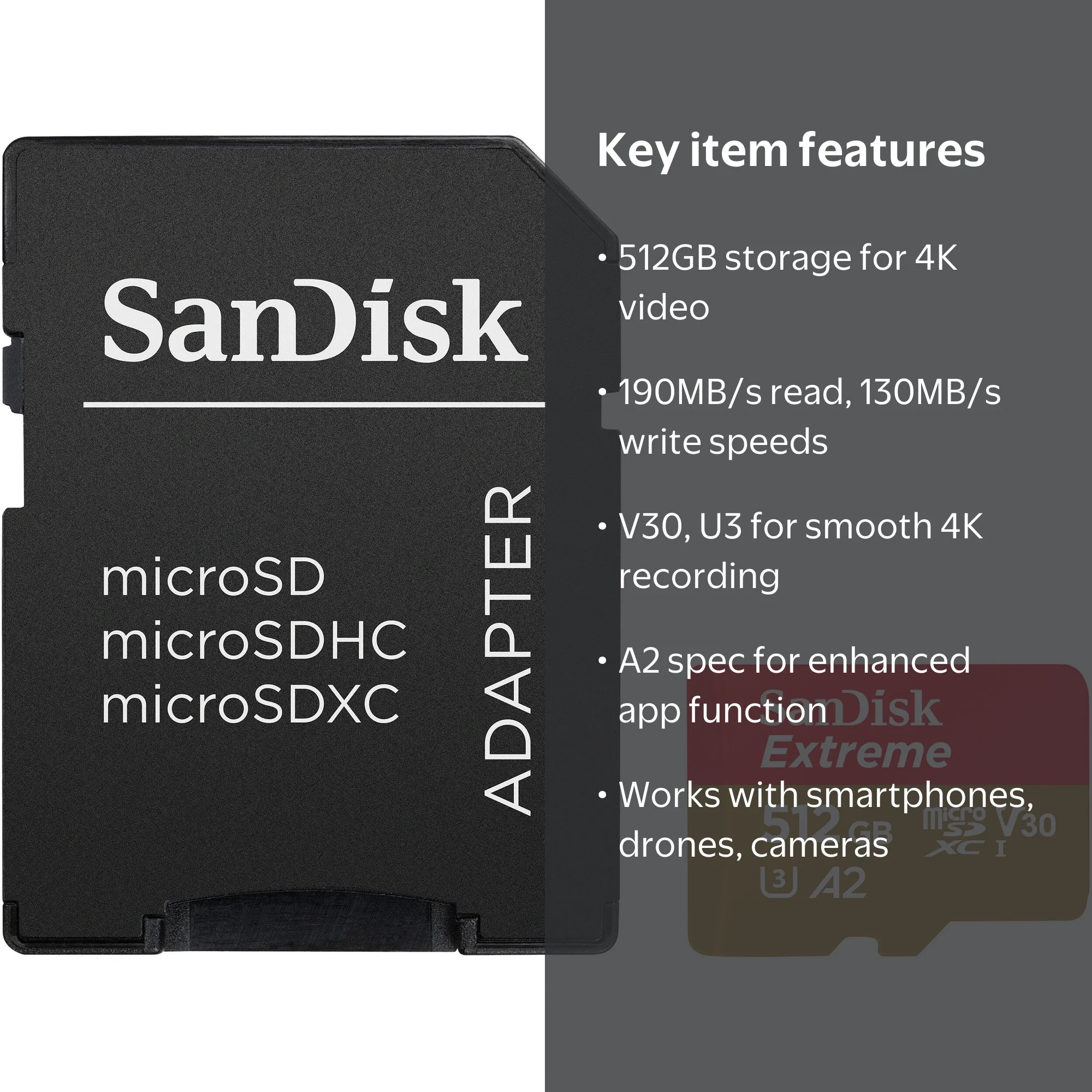 SanDisk Extreme 512GB UHS-I microSDXC Memory Card with SD Adapter 