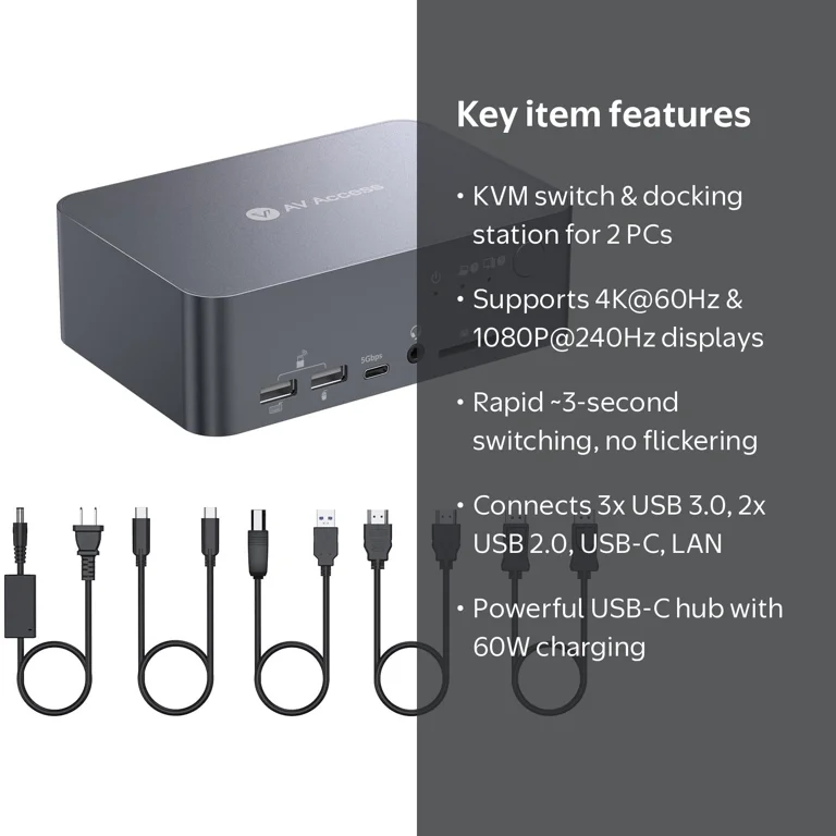 v AV Access, Docking Station KVM Switch, Dual Monitor, 4K@60Hz