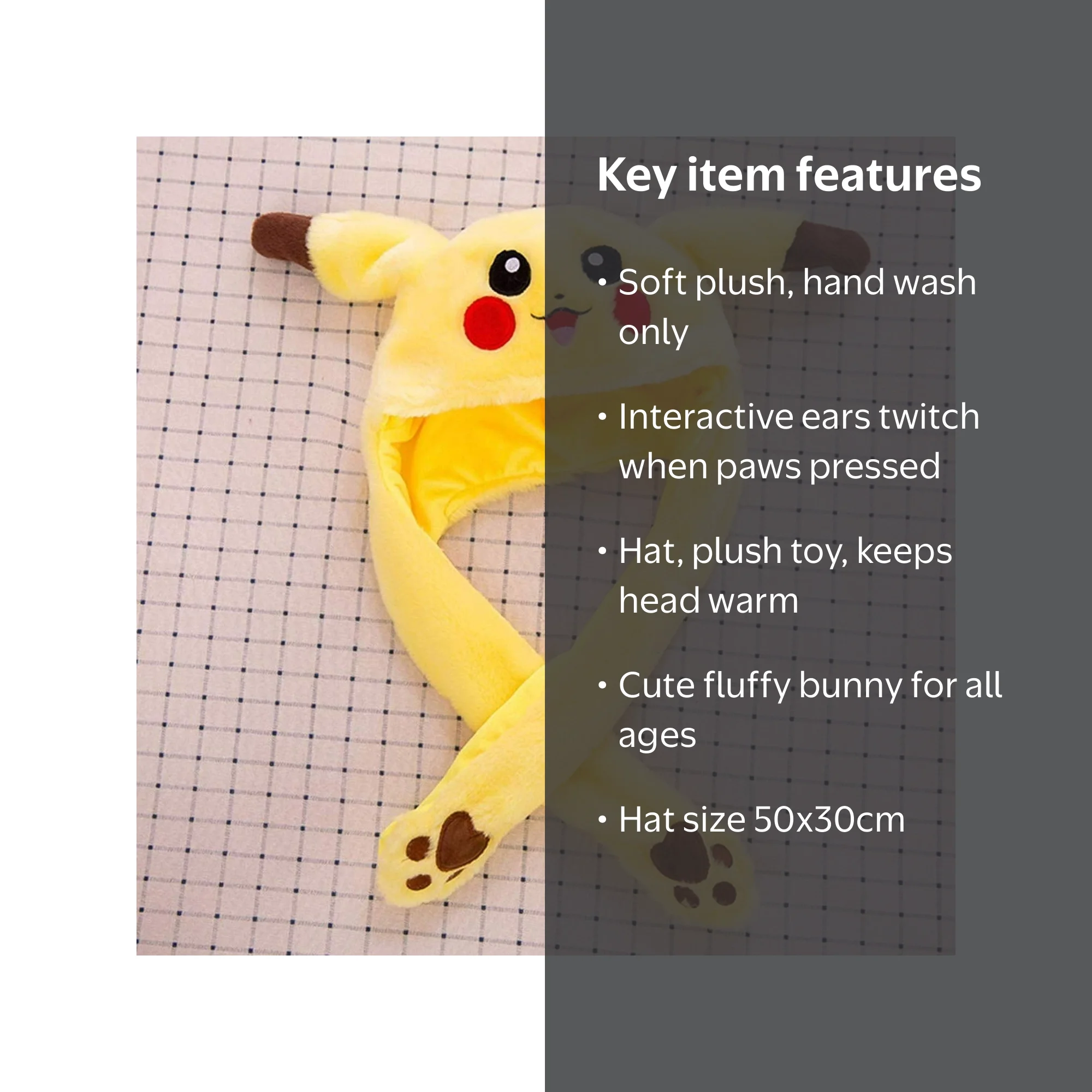 Eutuxia Bunny Ear Hat, Plush Pikachu Rabbit Hat with Moving Ears