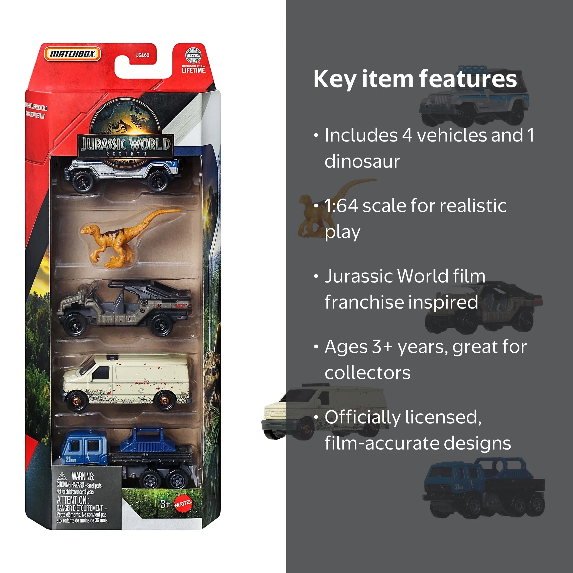 Matchbox Jurassic World 5-Pack, 4 1:64 Scale Die-Cast Cars +