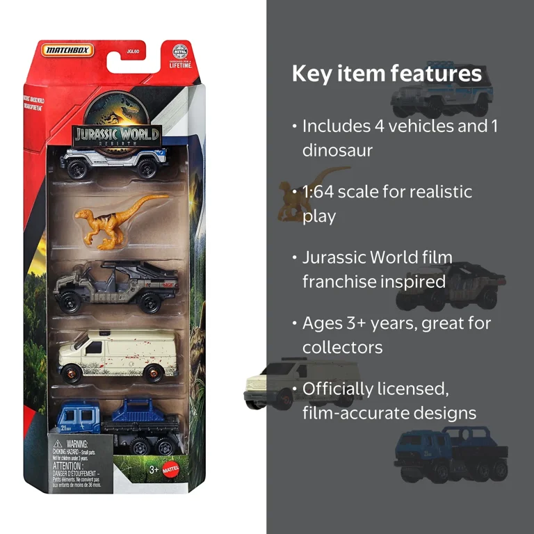 Matchbox Jurassic World 5-Pack, 4 1:64 Scale Die-Cast Cars +