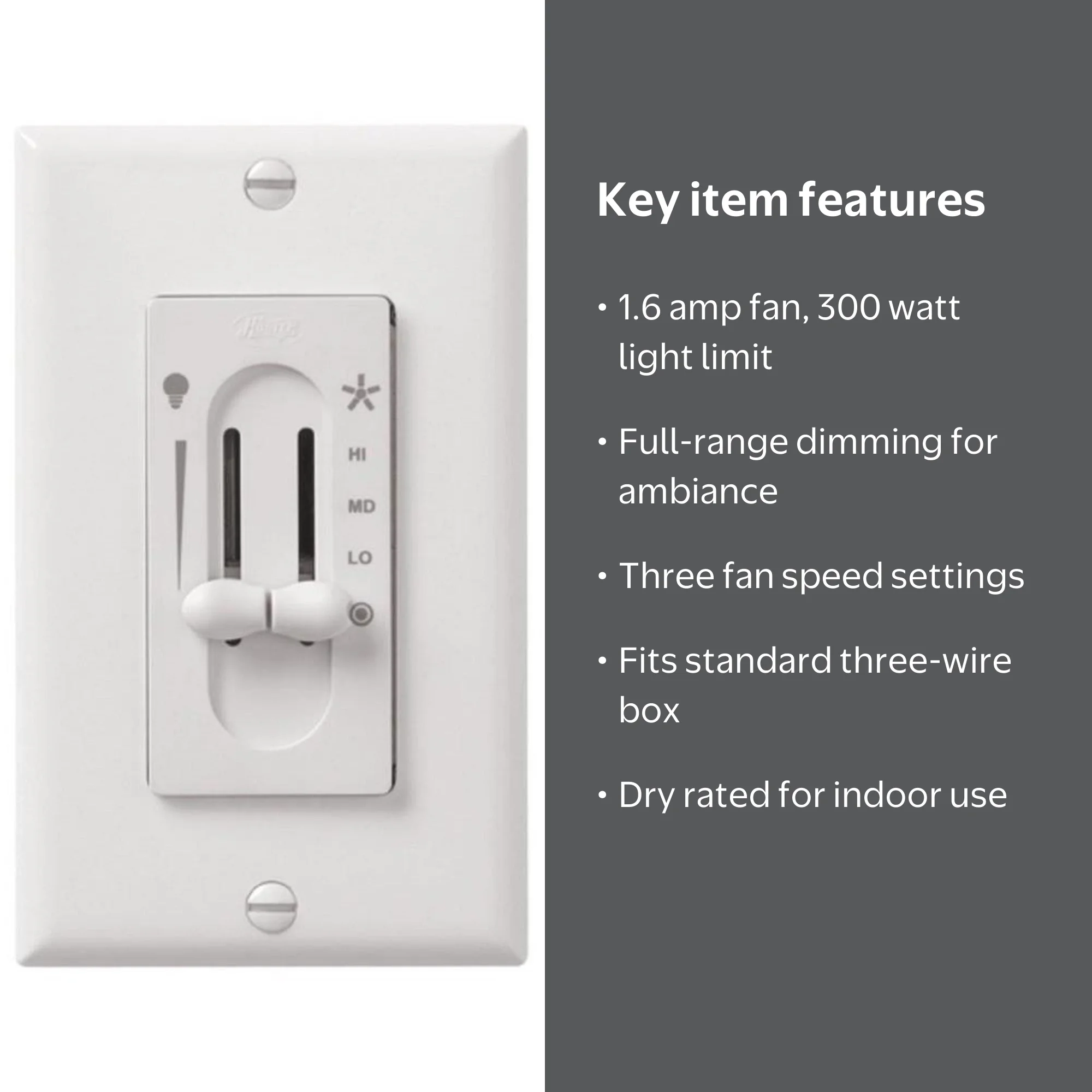 Hunter, Sliding Wall Control, 27182, White for Fan and Lights