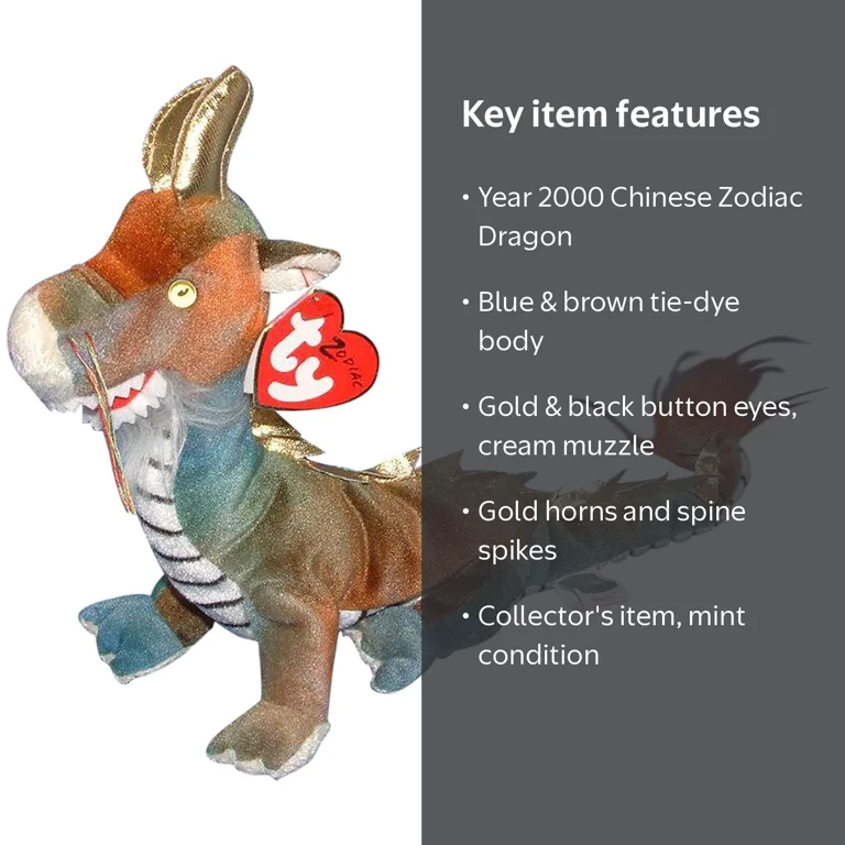 Ty Beanie Baby Plush Stuffed Dragon - Chinese Zodiac, Mint with