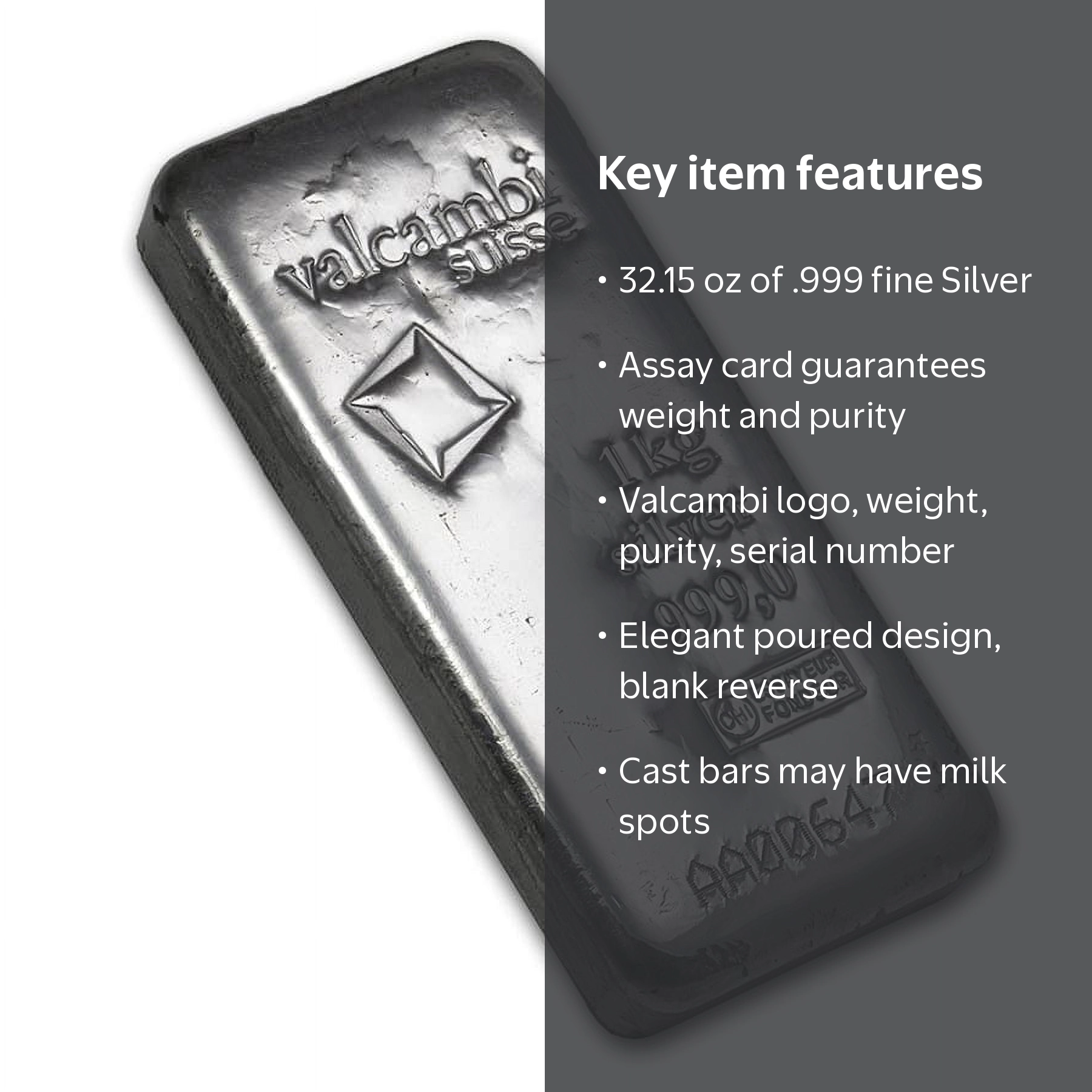 Valcambi 1 Kilo Pure Silver Bullion Bar - Cast with Assay