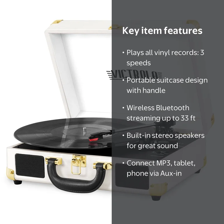 Victrola Journey Bluetooth Suitcase Record Player (White/Gold