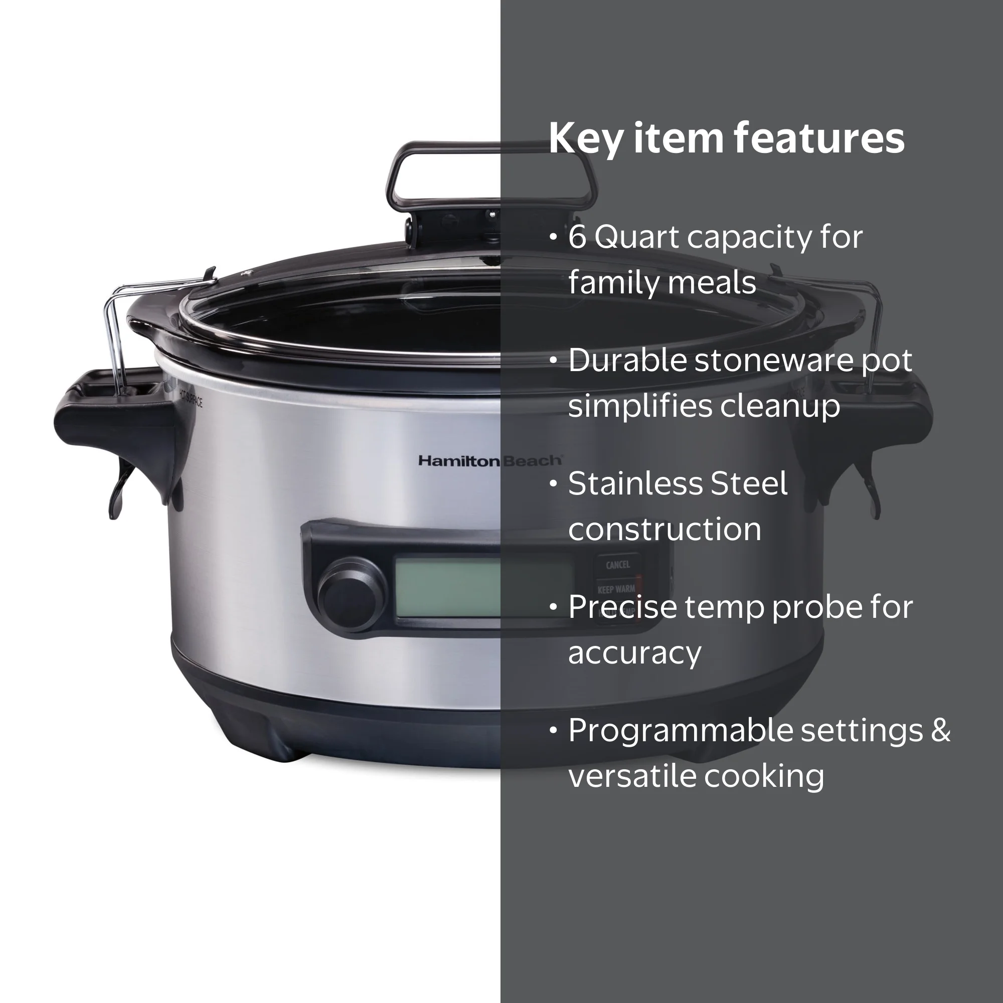 Hamilton Beach Temp Tracker Slow Cooker, 6 Quart, Stainless, with