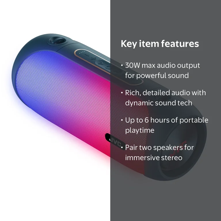 JVC Illuminated Portable Wireless Speaker with 30W max outputs