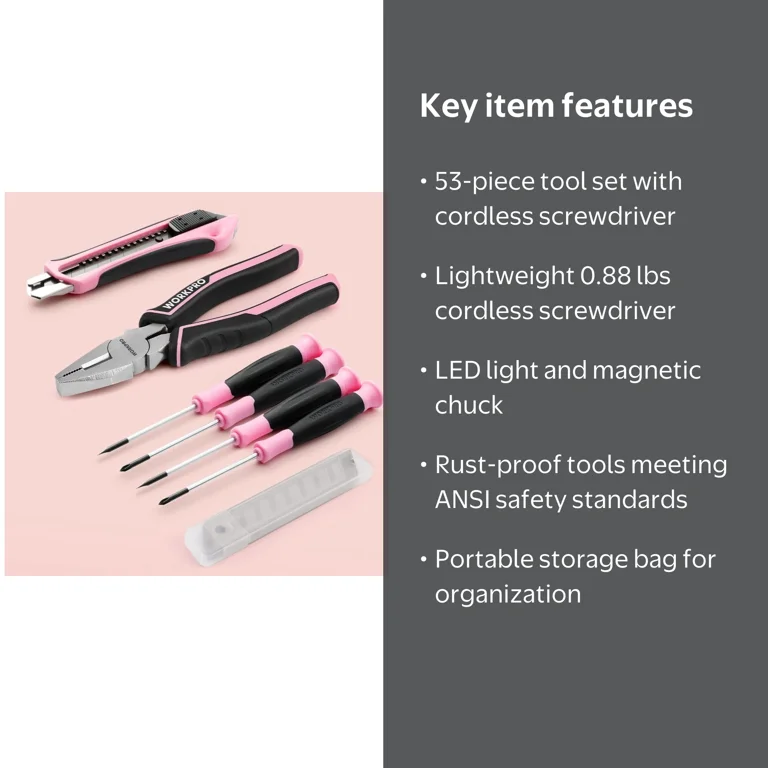 1945 LIGHT PINK トライアルセット WORKPRO 53-Piece Pink Tool Set with Cordless Screwdriver - Walmart.com