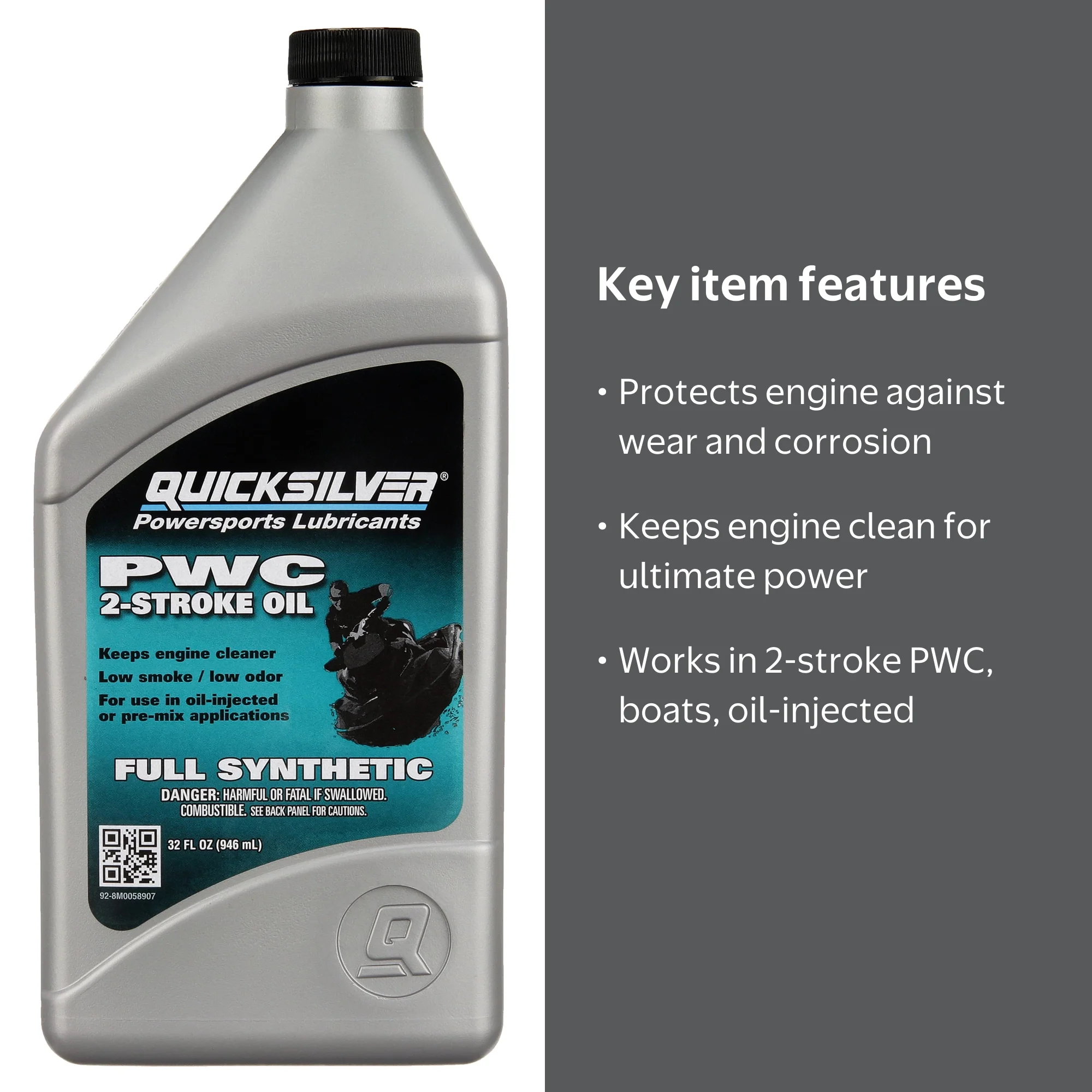Quicksilver, Full Synthetic 2-Stroke PWC and Sport Boat Oil, 1 Qt
