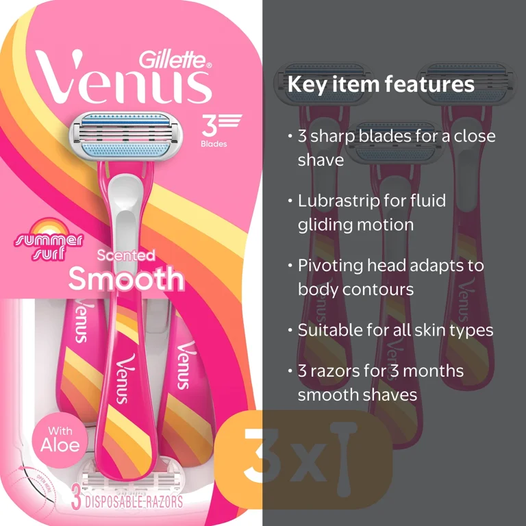 Venus Summer Surf Smooth & Scented Handle Disposable Razors, 3