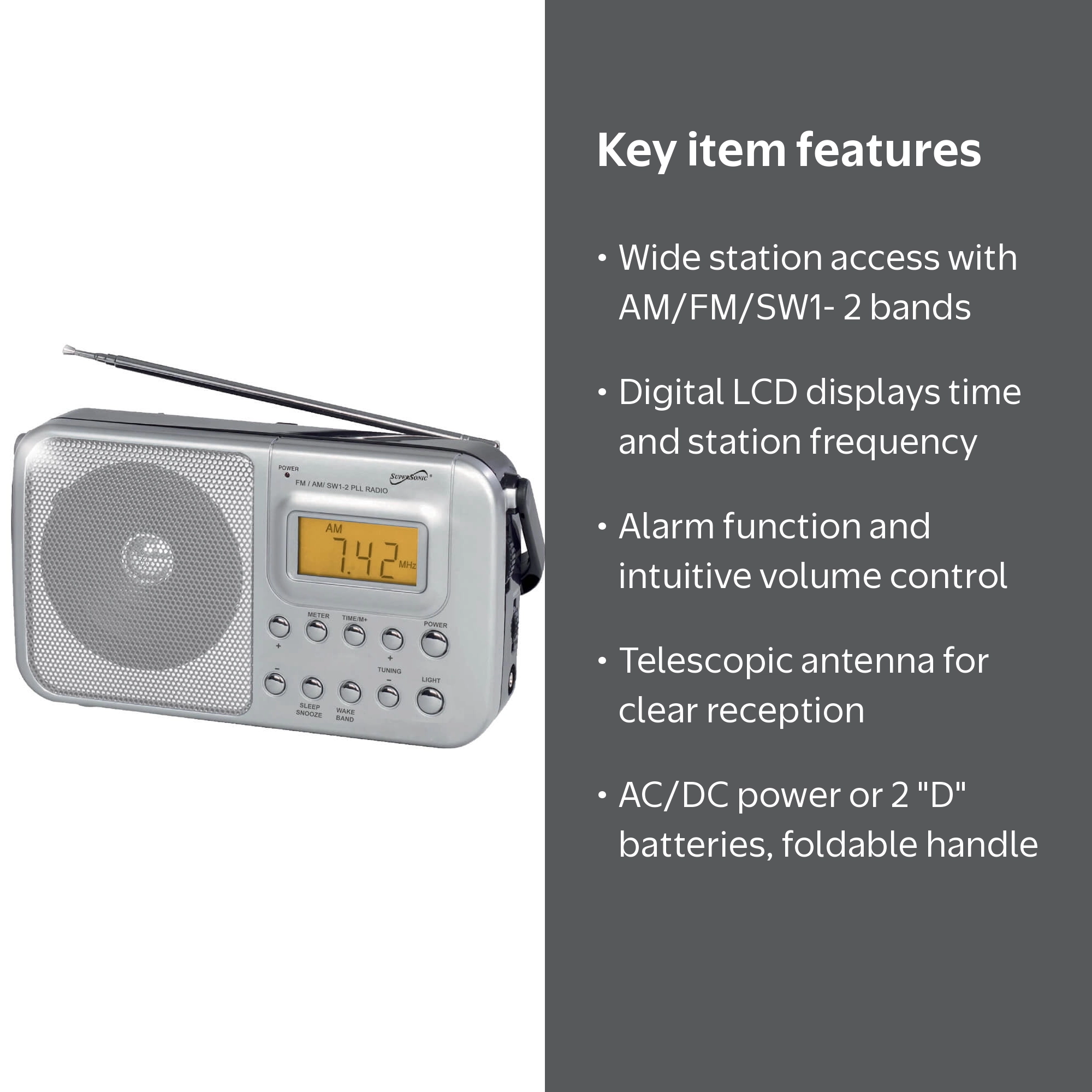 Supersonic SC1091 4 Band AM/FM/SW1-2 PLL Radio - Silver - Walmart.com