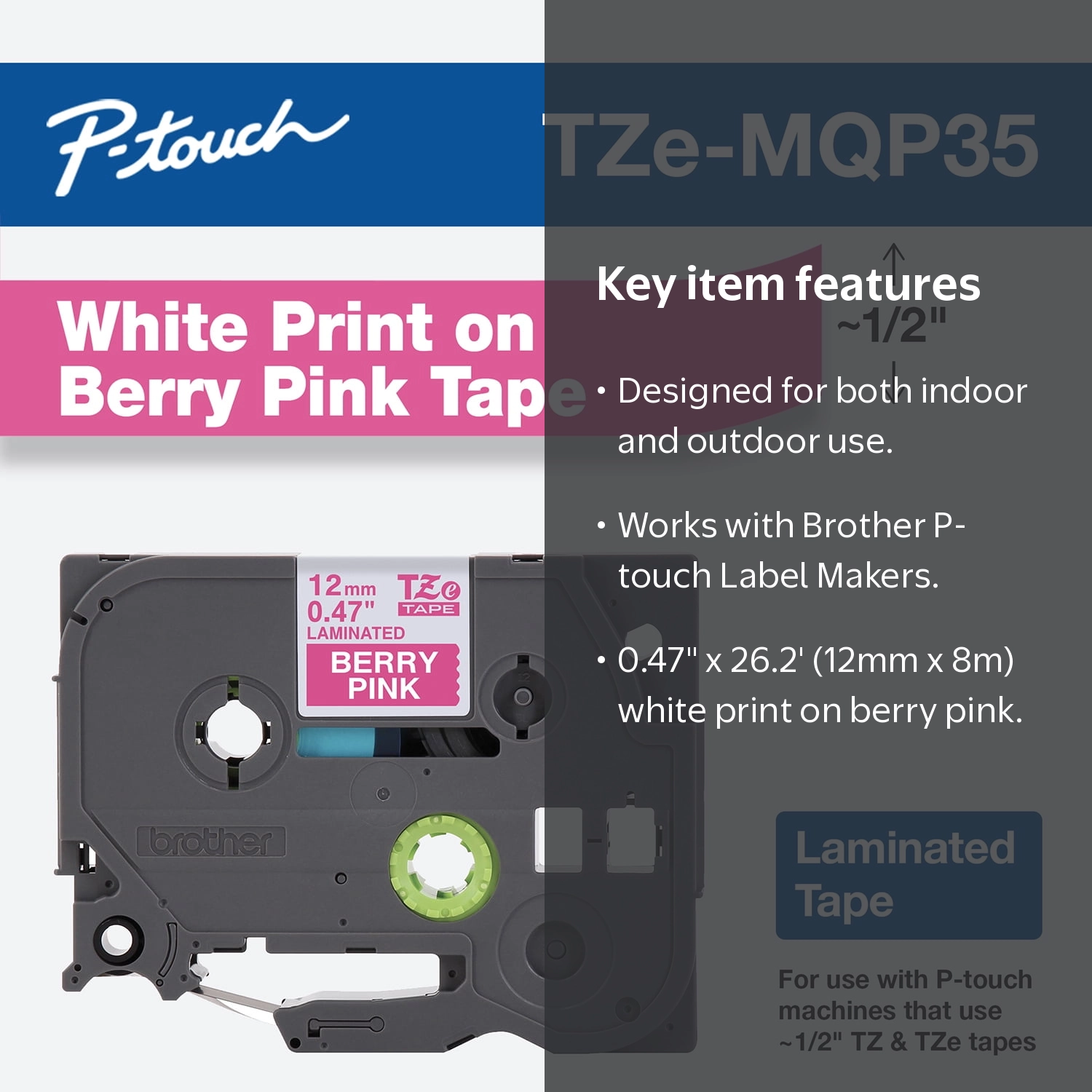 Brother Genuine P-Touch TZe-MQP35 Label Tape, 0.47