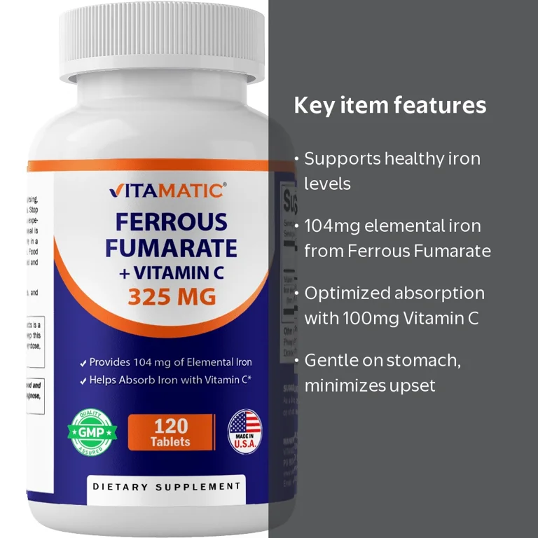 lipo fe c elemental iron content Vitamatic Ferrous Fumarate 325 mg + Vitamin 100 mg (104 mg Iron) High Potency Supplement Gentle on Stomach, 120 Tablets, Made in USA Clean Formula