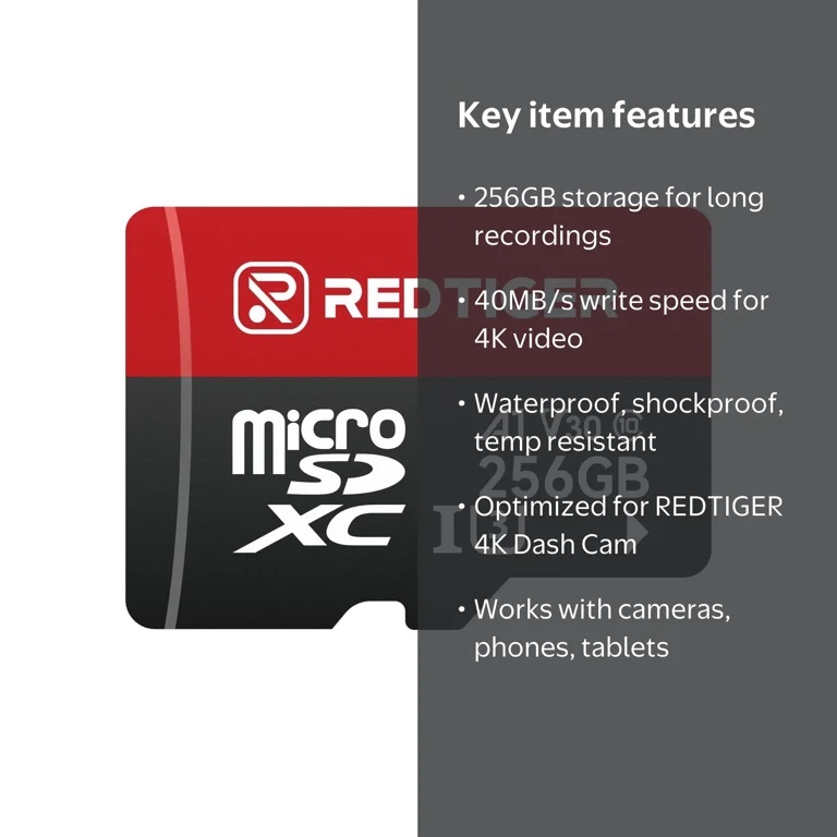 REDTIGER, Micro SDXC Card with Adapter, 256GB, UHS-I U3 V30 A1