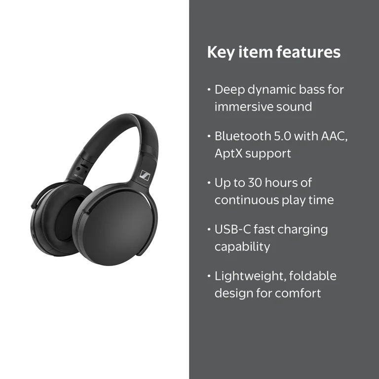 【良品】SENNHEISER HD 350BT/ワイヤレスヘッドホン/ブラック Sennheiser HD 350BT Bluetooth 5.0 Headphone - 30Hr Battery, USB-C