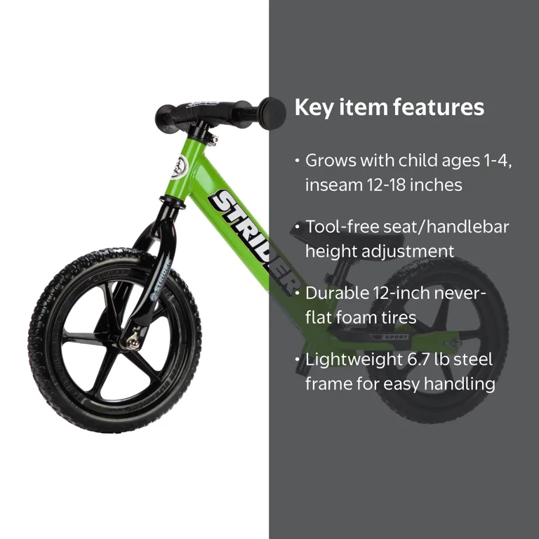 Strider 12 Sport Bike, Green - No Pedal Balance Bicycle for Kids 1