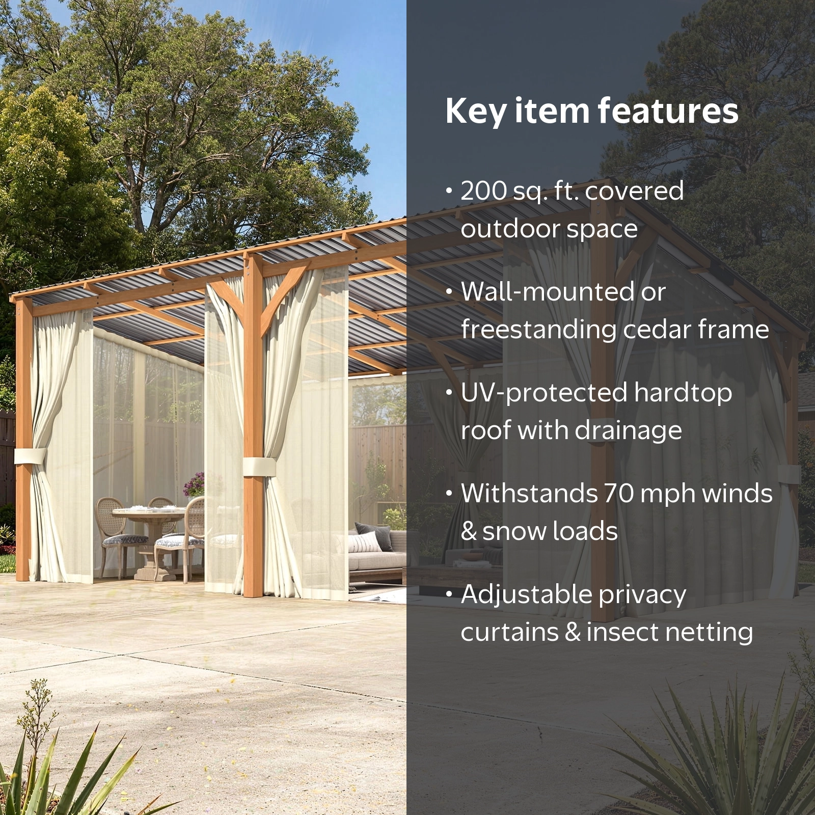 YODOLLA 20'x10' Wooden Hardtop Lean-to Gazebo with Curtains