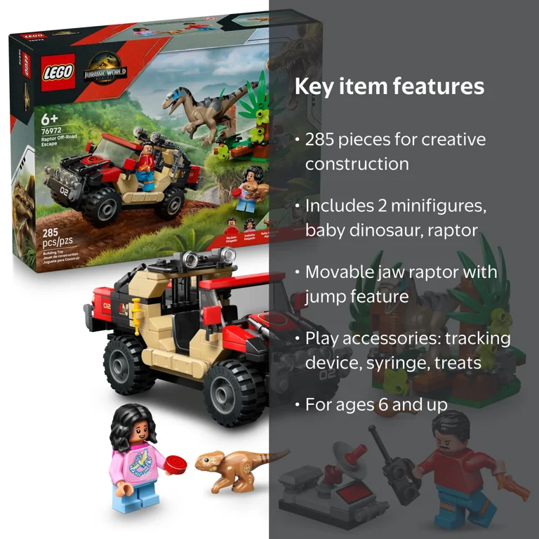 LEGO, Dinosaur Toy, 76972 Raptor Off-Road Escape, Building Playset