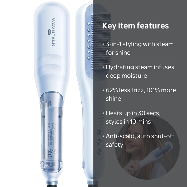 Wavytalk, 3 in 1 Steam Hair Straightener Brush, Model NRK150, Blue