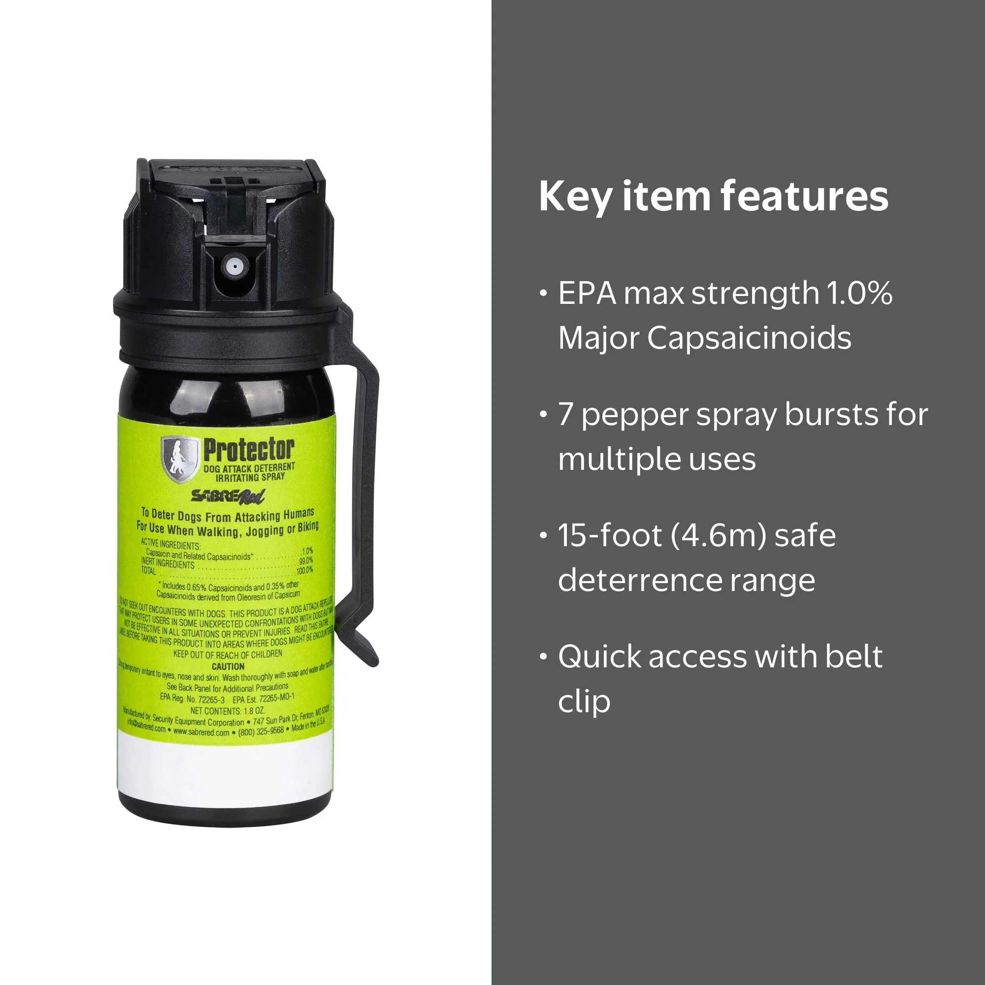 SABRE, Dog Spray Protector, Belt Clip, 7 Bursts, Long Range 15