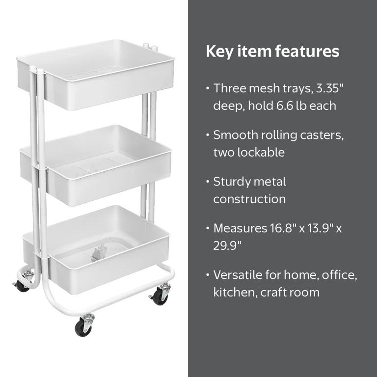 Simply Tidy Lexington White 3-Tier Metal Rolling Cart - Walmart.com