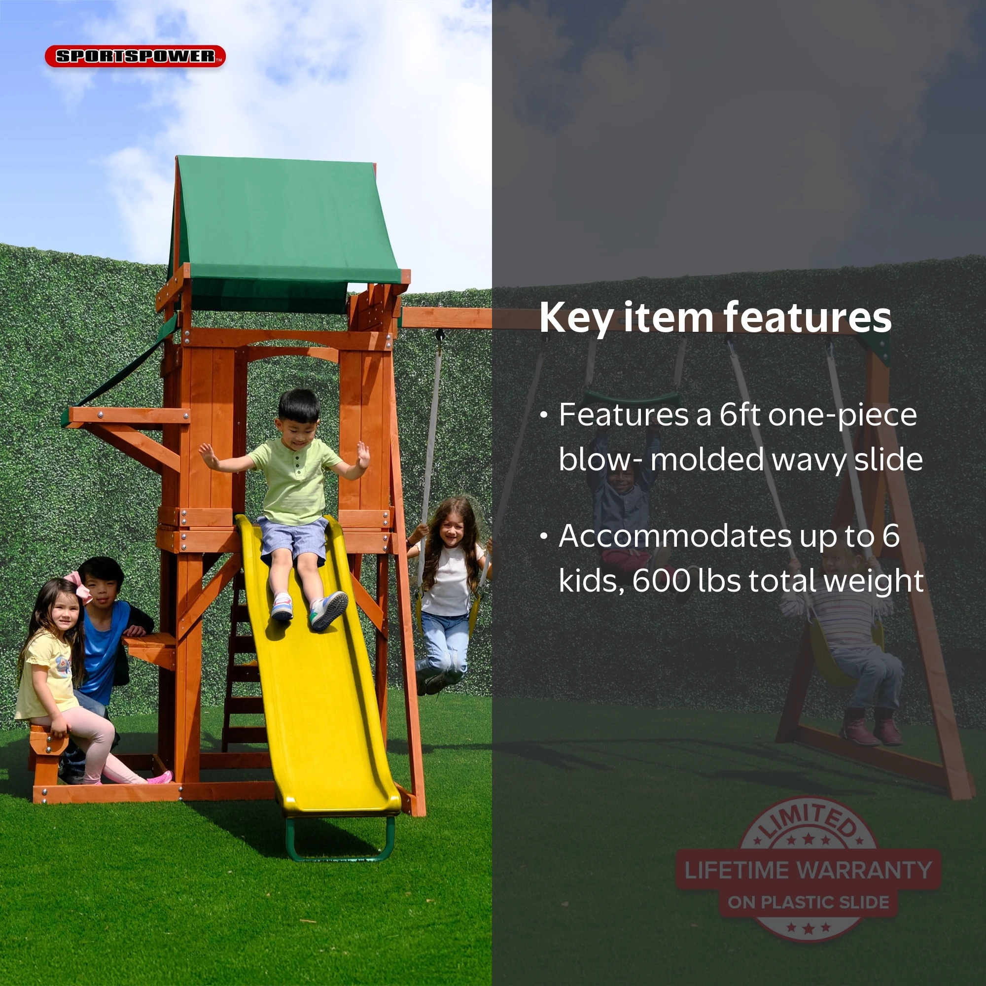Sportspower Roseville Wooden Swing Set with Play Fort, Bench with
