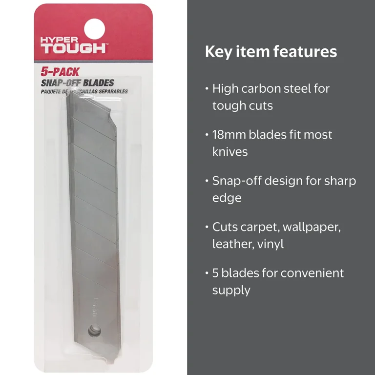 Hyper Tough 18mm Carbon Steel Snap Off Blades, 5 Pack for Cutting Hyper Tough 18mm Carbon Steel Snap Off Blades, 5 Pack for Cutting