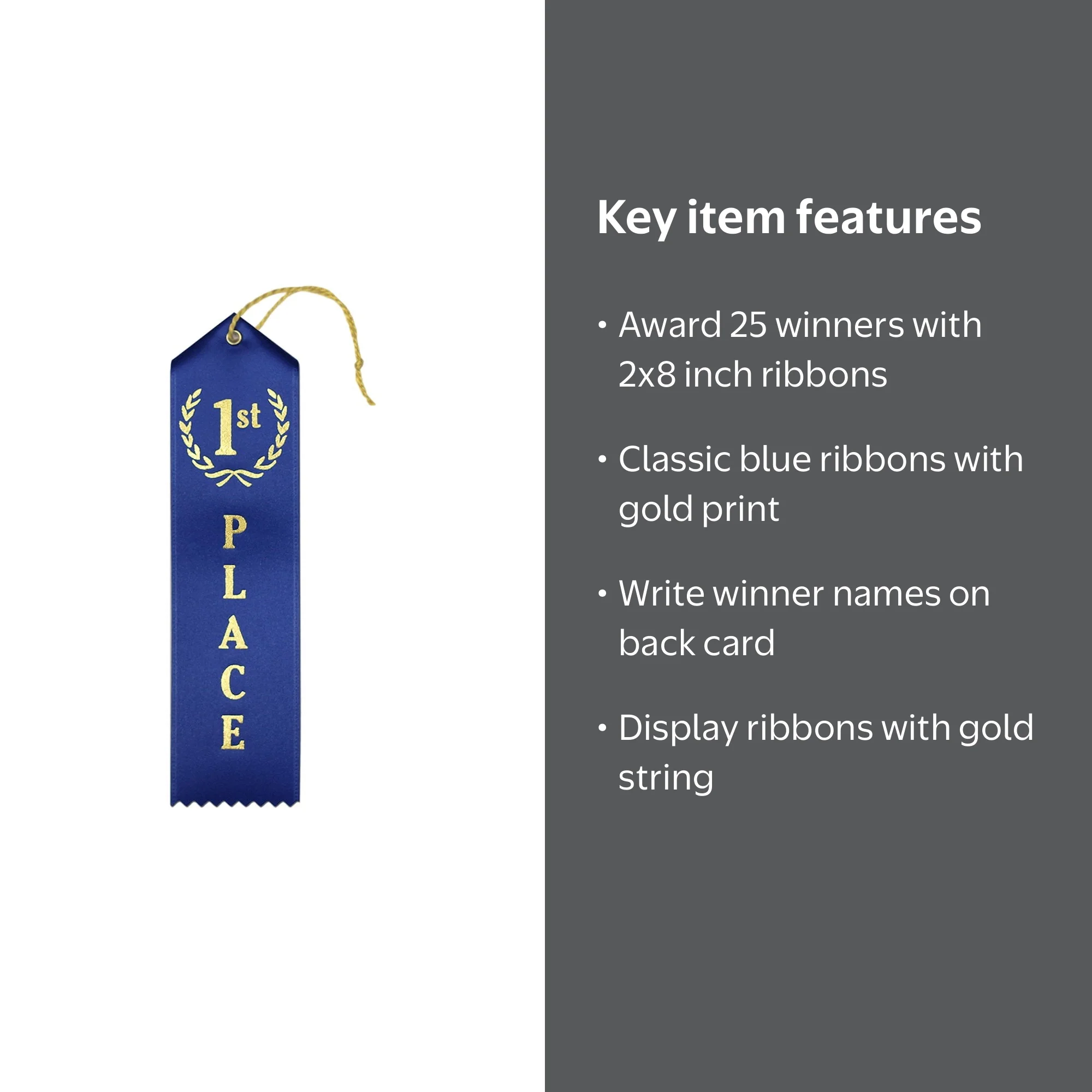 RibbonsNow 1st Place Award Ribbons, Blue, 25 Pack, Card and String