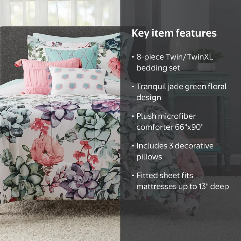 Mainstays White Floral 8-Piece Bed in a Bag Comforter Set with