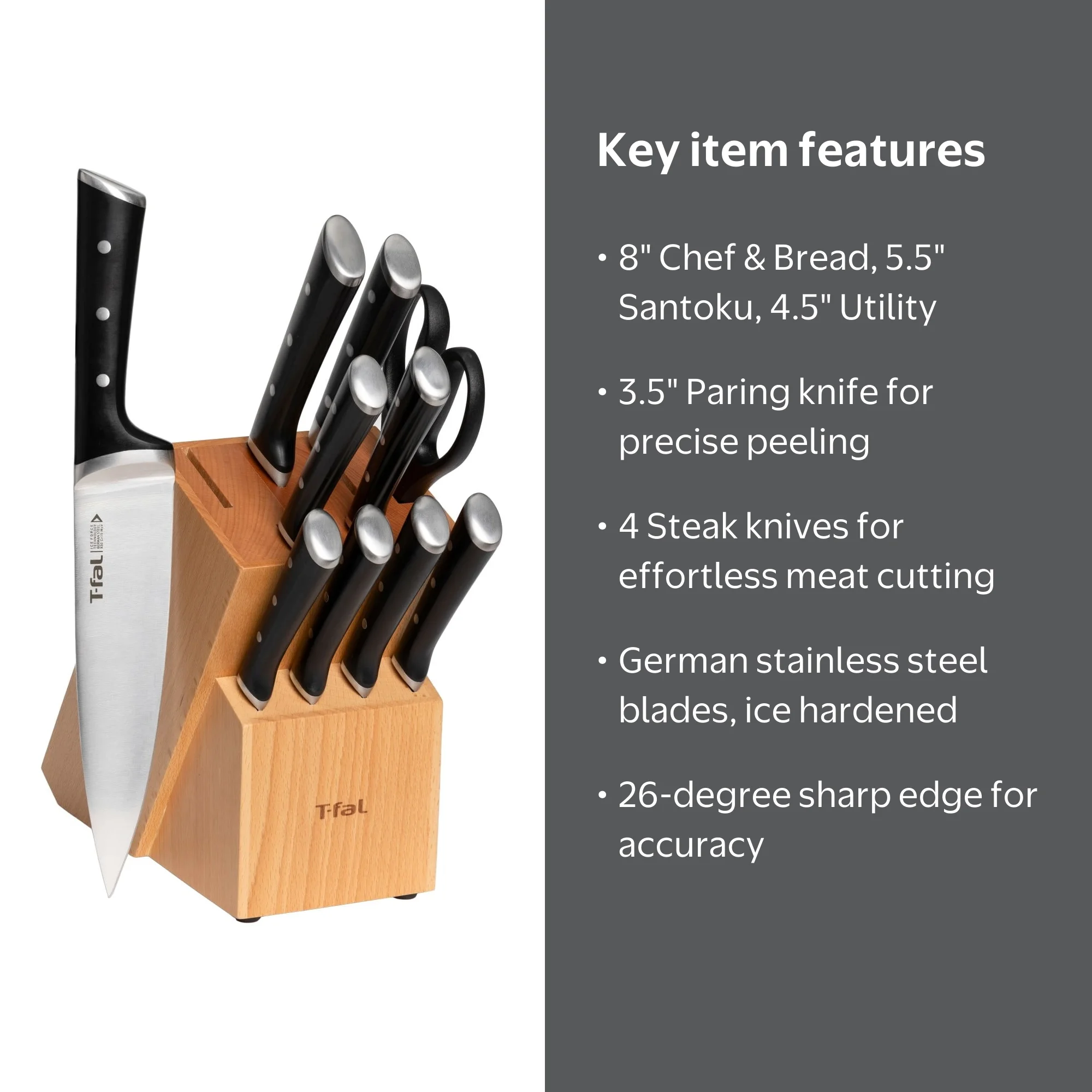 T-fal Ice Force, Stainless Steel Knife Block Set, 11 Piece