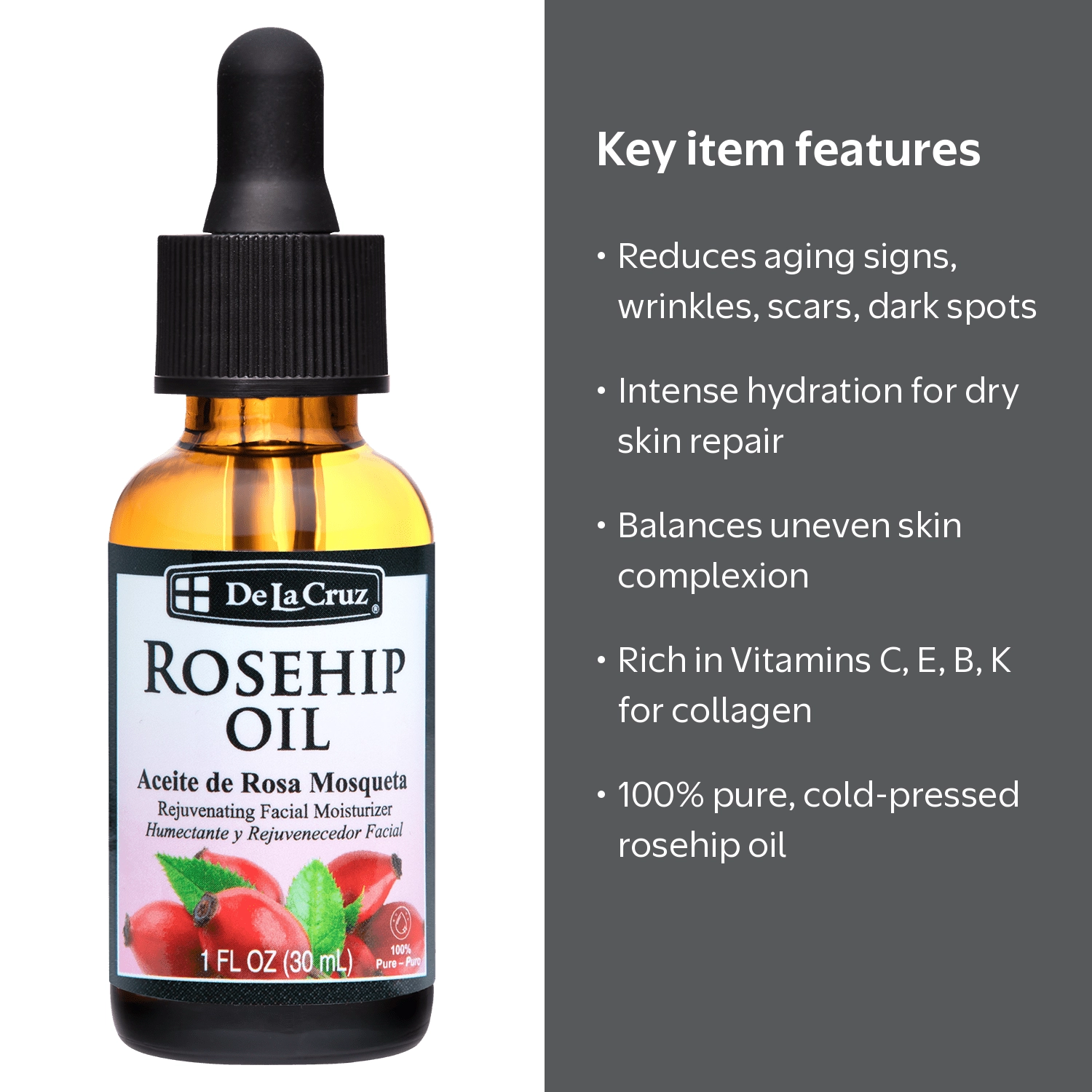 De La Cruz Rejuvenating Facial Rosehip Oil, Even Tone Anti-Aging
