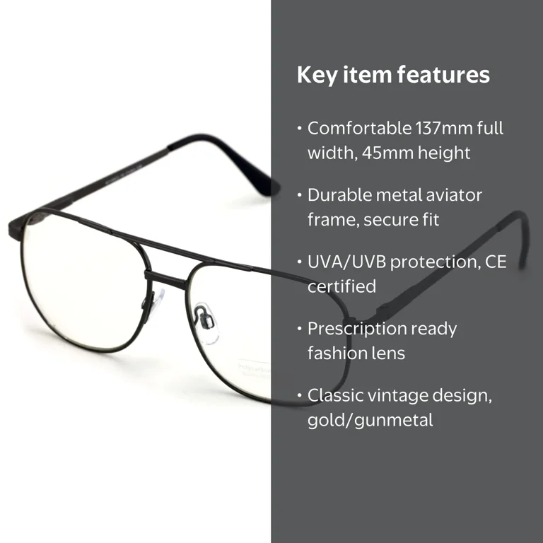 Metal Aviator Glasses - Big Lens Spring Hinge Square - Gold
