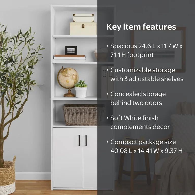 Mainstays Traditional 5 Shelf Bookcase with Doors, Soft White