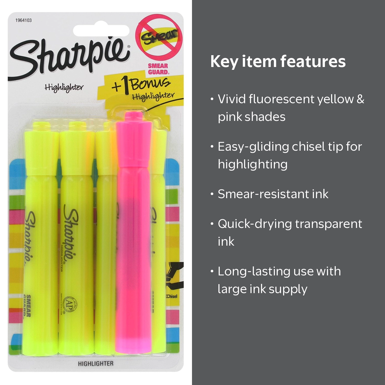 Sharpie Highlighters, Chisel Tip, Fluorescent Yellow & Pink, 4 + 1