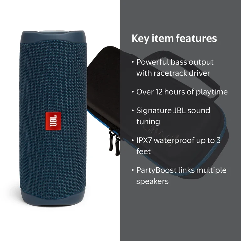 JBL Flip 5 Blue Portable Bluetooth Speaker with divvi! Hardshell