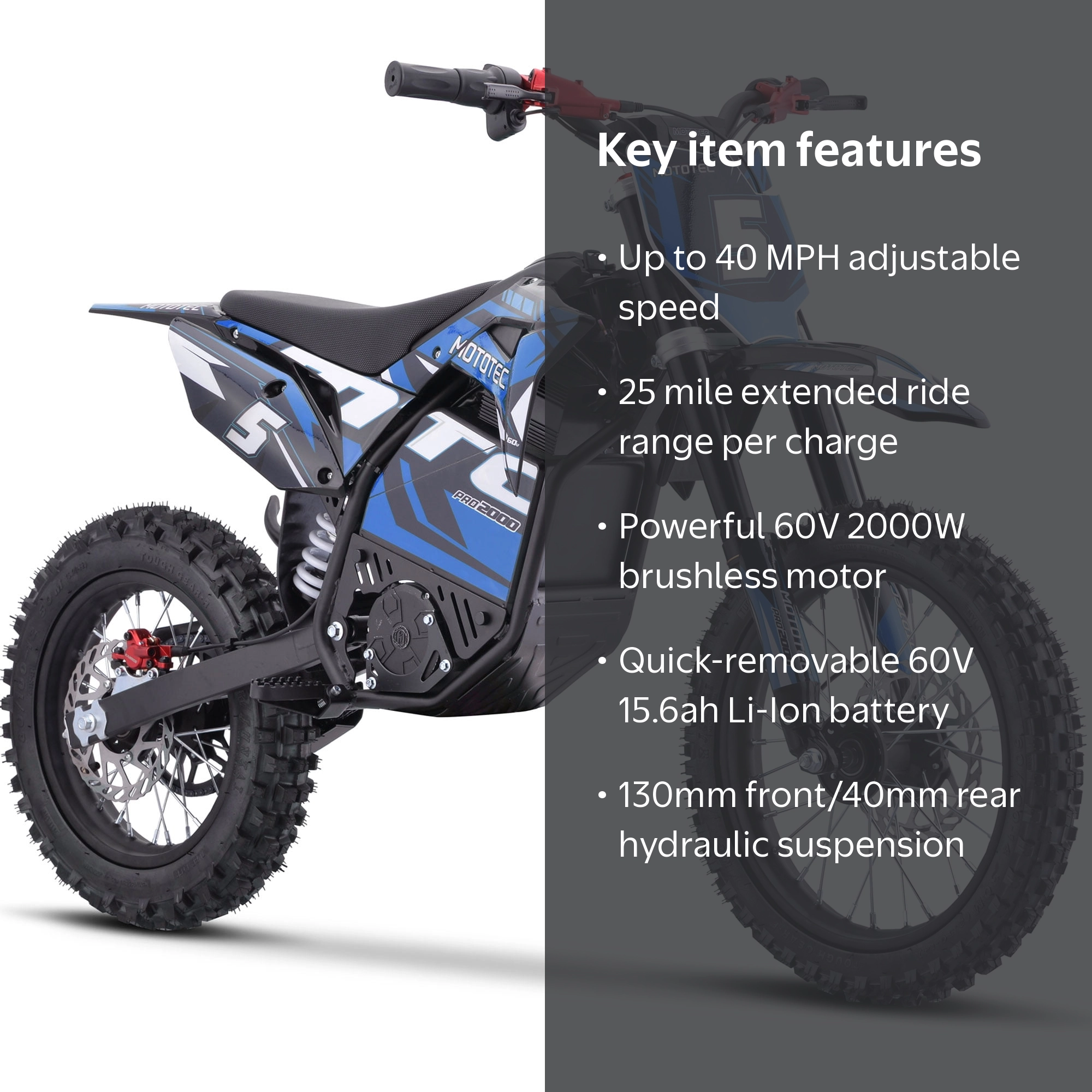 MotoTec, Electric Dirt Bike, 60v Pro 2000w Lithium Blue, 40 MPH