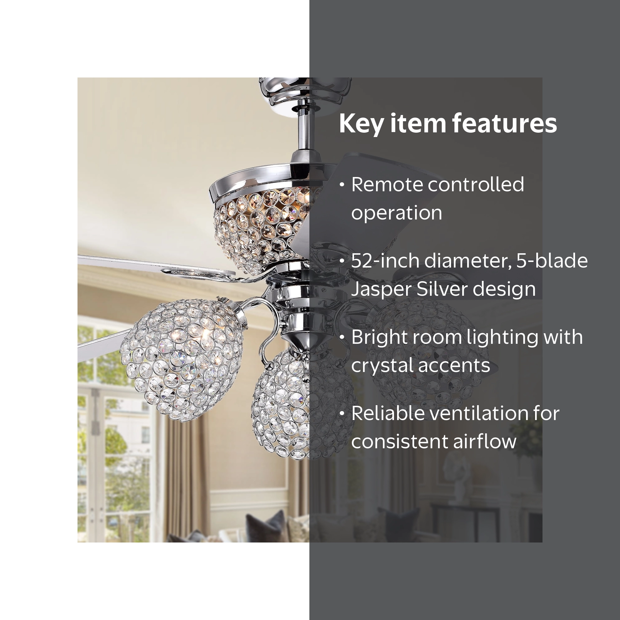 Jasper Silver Chandelier 52-Inch 5-Blade Lighted Ceiling Fan with
