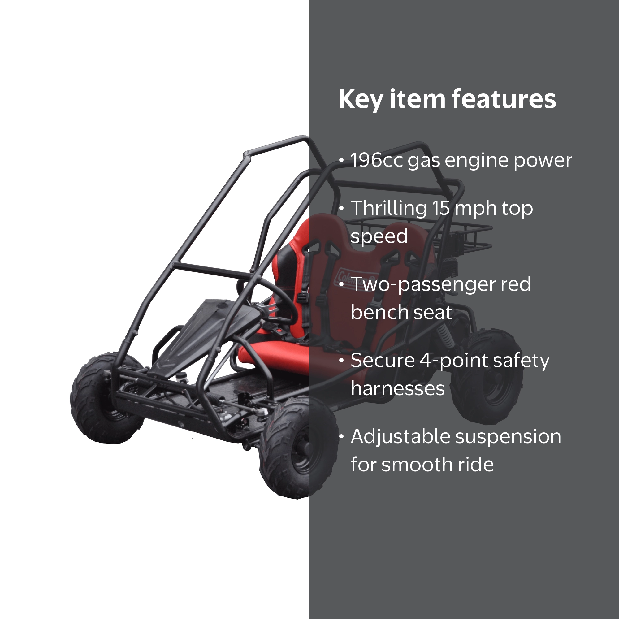 Coleman KT196 196cc Gas Powered Go Kart - Black frame with a two