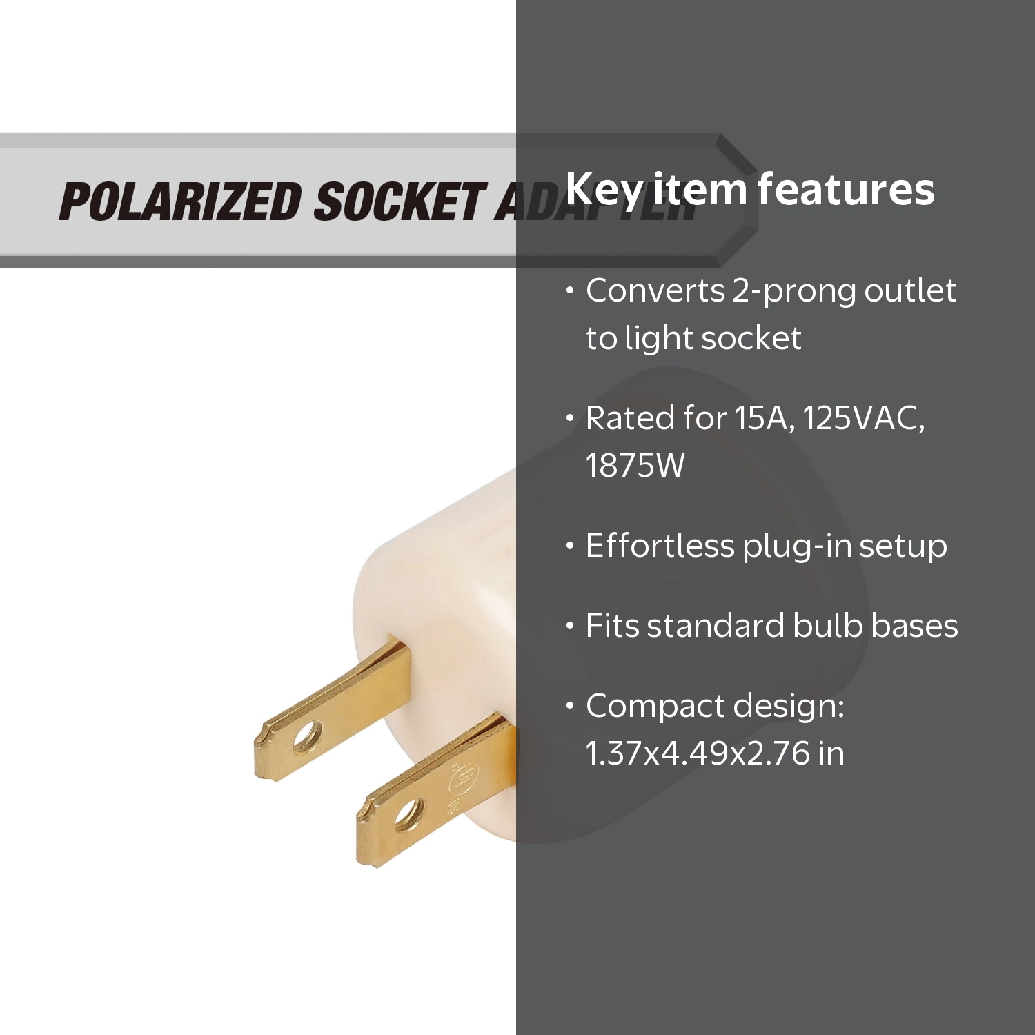 アブソリュート15Pプラグ済み Hyper Tough Polarized Socket Adapter, 15 Amps, Fits Standard Light